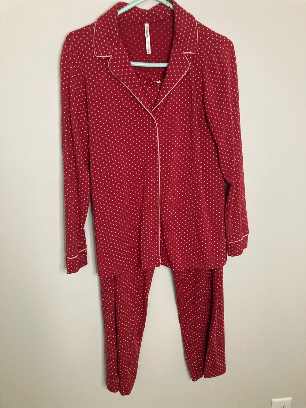 Soma Red Polka Dot Long Sleeve Pajama Set with White Piping